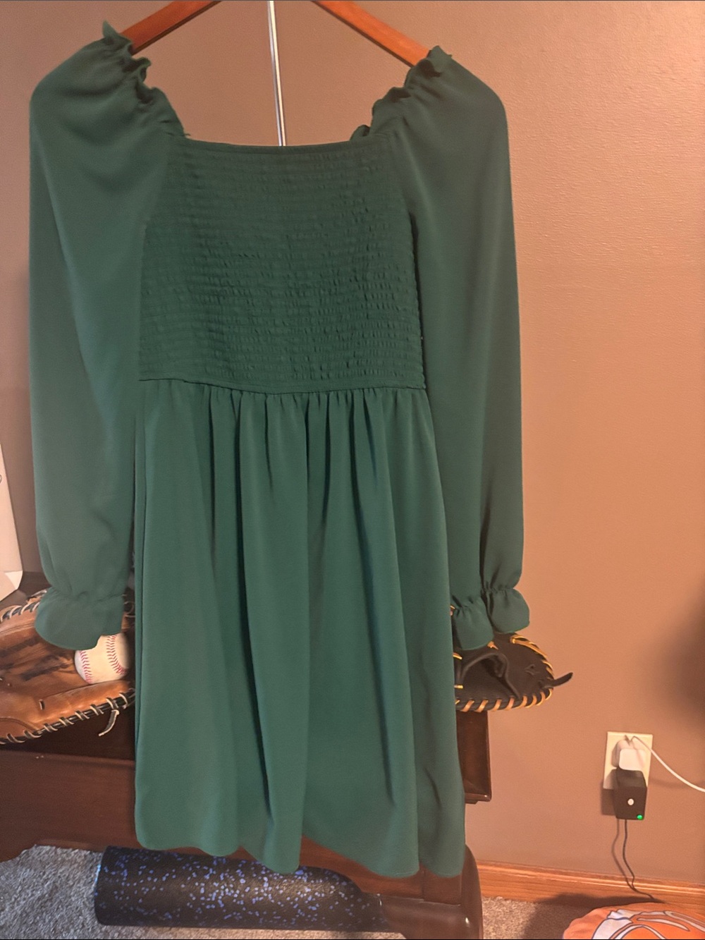 Women's Green Long Sleeve Smocked Bodice Dress